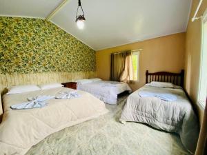 1 dormitorio con 2 camas y pared con papel pintado verde en Nena's House - Banheira de Hidromassagem-10 Pessoas, en Gramado
