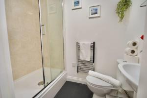 La salle de bains est pourvue d'une douche, de toilettes et d'un lavabo. dans l'établissement Swan Studio Five - Coventry, à Coventry
