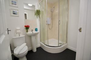 a bathroom with a shower and a toilet and a sink at Swan Studio Six - Coventry in Coventry