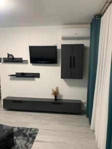 a living room with a flat screen tv on a wall at Central Apartament in Bîrlad