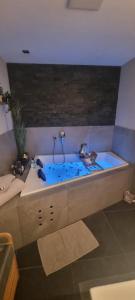 een badkamer met een bad met blauw water bij Appartement Krismer in Fügen