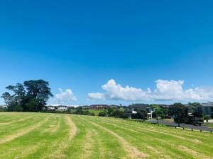 a field of green grass with houses in the background at 3 Bedroom Holiday Apartment Peninsula Park in Auckland