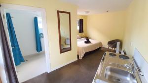 a bathroom with a sink and a bed and a mirror at Aspen Lodge Backpackers in Queenstown