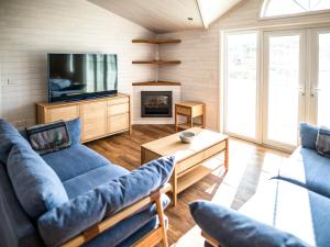 ein Wohnzimmer mit einem blauen Sofa und einem TV in der Unterkunft Aspen Lodge in Willington