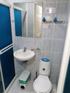 a small bathroom with a toilet and a sink at Posada Salt Creek in Providencia