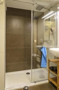 eine Dusche mit Glastür neben einem Waschbecken in der Unterkunft Ferienwohnung Radebeul Gerlach in Radebeul