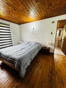 Cama en habitación con techo de madera en Cabañas Santa Rita en Cobquecura