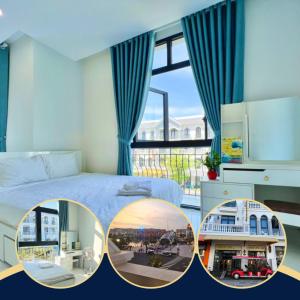 3 fotos de un dormitorio con cama y ventana en Ngân Hà GrandWorld Phú Quốc, en Phu Quoc