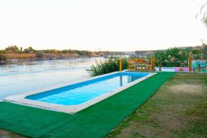 a swimming pool on a green field next to a river at Fenti Nubian Resort in Aswan