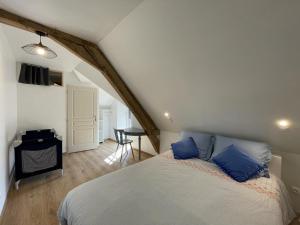 a bedroom with a bed with blue pillows on it at Gîte Ygrande, 4 pièces, 8 personnes - FR-1-489-433 in Ygrande