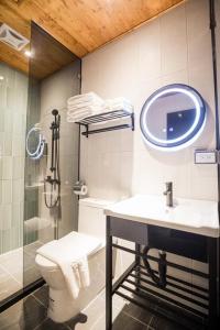 ein Bad mit einem WC, einem Waschbecken und einer Dusche in der Unterkunft Traveller-Inn Day Moon Hotel in Taitung