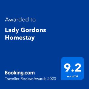 Majutusasutuses Lady Gordons Homestay olev sertifikaat, autasu, silt või muu dokument