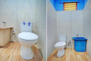 dos fotos de un baño con aseo y un cubo de basura en OYO 92240 Taman Wisata Iman Ii, en Hutamanik