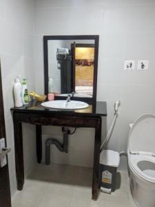 een badkamer met een wastafel, een spiegel en een toilet bij Hoa Anh Đào Garden Hotel in Thuan An