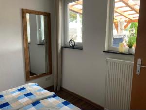ein Schlafzimmer mit einem Spiegel, einem Bett und einem Fenster in der Unterkunft Ferienwohnungen Koch in Marburg an der Lahn