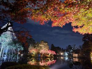 a view of a lake at night with christmas lights at Hotel Hana Ichirin in Kanazawa
