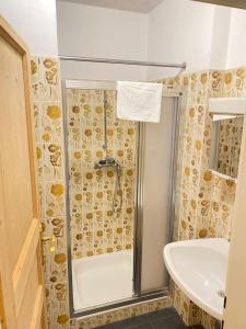 a bathroom with a shower and a sink at Apartments Steinwänd in Grünau im Almtal +106 photos