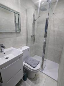 a bathroom with a shower and a toilet and a sink at Lincoln Lodge, 2-bedroom,2-bathroom,ground floor flat in Southend-on-Sea
