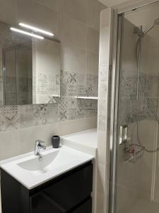 La salle de bains est pourvue d'un lavabo et d'une douche. dans l'établissement Ocean View avec parking, à La Rochelle