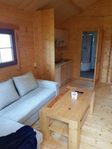 a living room with a couch and a table in a cabin at Domek letniskowy Zacisze pod Sosnami Trzęsacz in Trzęsacz