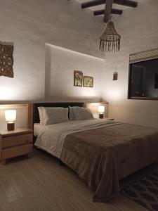 een slaapkamer met een groot bed met 2 lampen en een flatscreen-tv bij HOTEL LA POSADA DEL ZAGUÁN in El Retiro