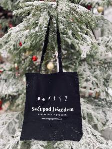 un sac de courses suspendu à un arbre de Noël dans l'établissement Svět pod Ještědem, à Hoření Paseky