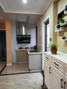 a kitchen with a sink and a stove top oven at Jiamen Inn in Emeishan