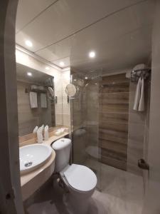 a bathroom with a toilet and a sink and a shower at Nile Cruise 3 nights From Aswan to Luxor Every Friday, Monday and Wednesday with tours in Jazīrat al ‘Awwāmīyah