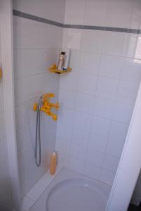 een badkamer met een douche en een toilet. bij Cottage by the sea in Áyios Dhimítrios