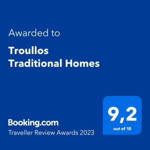 Sertifikāts, apbalvojums, norāde vai cits dokuments, kas ir izstādīts apskatei naktsmītnē Troullos Traditional Homes