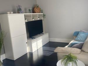 una sala de estar con un centro de entretenimiento blanco con TV en Apartamentos Logroño centro, TIC TAC, wifi en Logroño