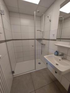 La salle de bains est pourvue d'une douche et d'un lavabo. dans l'établissement CVJM Freizeithaus MS Waterdelle, à Borkum