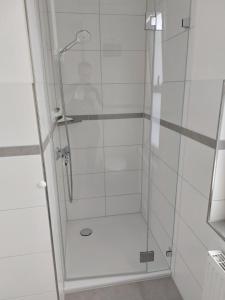 a shower with a glass door in a bathroom at CVJM Freizeithaus MS Waterdelle in Borkum