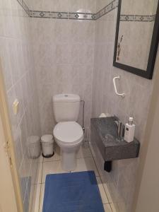 La salle de bains est pourvue de toilettes blanches et d'un tapis bleu. dans l'établissement Residentie Canada, à Blankenberge
