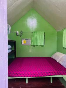 a small room with a red bed in a green wall at Roca's Homestay Backpackers Chalet in Batuan
