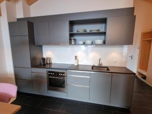 una cocina con armarios de acero inoxidable y fregadero en Bergquell Haus A, en Blatten bei Naters