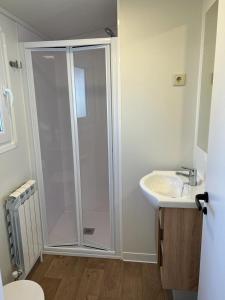 y baño con ducha y lavamanos. en Bungalows & Albergue La Playa en Logroño