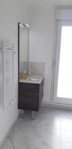 La salle de bains est pourvue d'un lavabo et d'un miroir. dans l'établissement La Terrasse - big apartment & terrace 80m2 - metro 17 min from Paris, à Bagneux