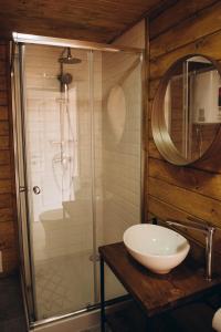 a bathroom with a shower and a sink and a mirror at World Peaks Hotel in Richka