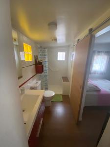een badkamer met een wastafel, een toilet en een bed bij Bungalow de charme in La Saline les Bains