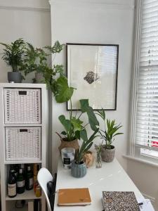 a white desk with potted plants on top of it at Gorgeous 1 bed flat near Richmond Bridge. in Richmond
