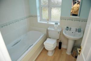 La salle de bains est pourvue de toilettes, d'une baignoire et d'un lavabo. dans l'établissement Charming 3 Bed House in Bristol, à Bristol