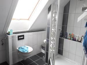 La salle de bains est pourvue d'une douche, de toilettes et d'une fenêtre. dans l'établissement Ferienwohnung Nordlicht, à Nortorf