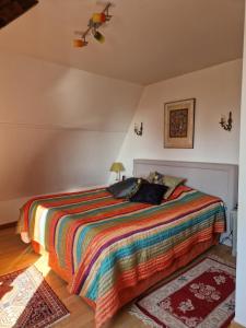 a bedroom with a bed with a colorful blanket at Leira 