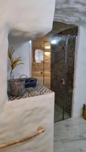 a bathroom with a walk in shower and a mirror at Cueva OTTO Privada in Baza
