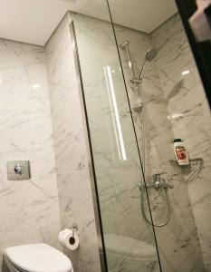 La salle de bains est pourvue d'une douche en verre et de toilettes. dans l'établissement Exceptional Furnished Studio, à Dubaï