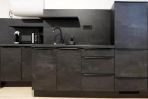 uma cozinha com armários de aço inoxidável e um lavatório em Lumi - modern apartment with parking em Maribor