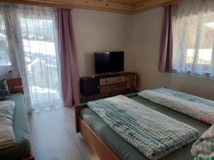 1 dormitorio con 2 camas, TV y ventanas en Ferienwohnung Schmiedsipplbad en Gosau