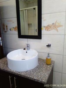 lavabo blanco en el baño con espejo en Mkhandi Self Catering en Durban