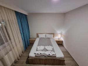 ティミショアラにあるCity Premium Apartmentsのベッドルーム1室(青いカーテン付きの大型ベッド1台付)